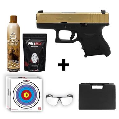 We Glock 27 Gen3 Titanium Gold + Green Gas + 0.20gr BB + Taşıma Çantası + Balistik Gözlük