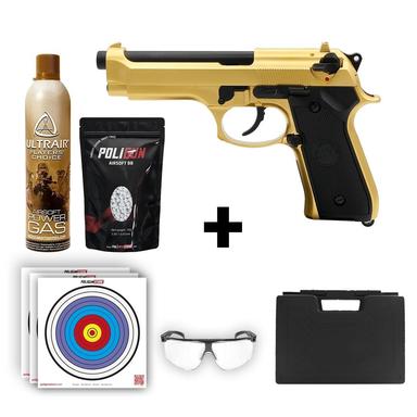 We Beretta M92 Standart Titanium Gold + Green Gas + 0.20gr BB + Taşıma Çantası + Balistik Gözlük
