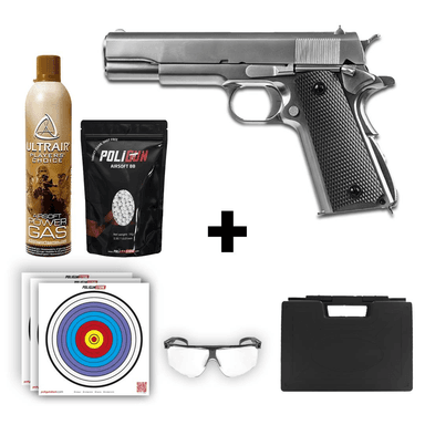We Colt 1911 Gen2 Gümüş Airsoft Tabanca + Green Gas + 0.20gr BB + Taşıma Çantası + Balistik Gözlük