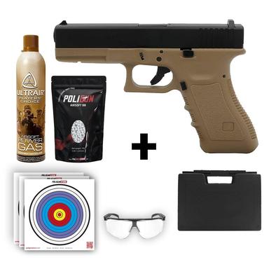 We Glock 17 Gen3 Tan + Green Gas + 0.20gr BB + Taşıma Çantası + Balistik Gözlük