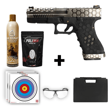 AW Custom Glock 17 HEX-CUT Gümüş + Green Gas + 0.20gr BB + Taşıma Çantası + Balistik Gözlük