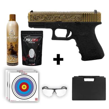 We Glock 19 Ivory Gravürlü + Green Gas + 0.20gr BB + Taşıma Çantası + Balistik Gözlük