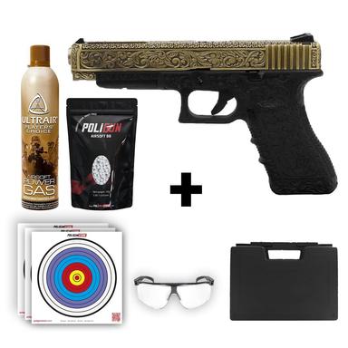 We Glock 34 Ivory Gravürlü Airsoft Tabanca + Green Gas + 0.20gr BB + Taşıma Çantası + Balistik Gözlük