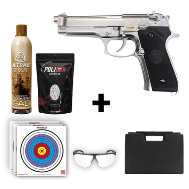 We Beretta M92 Standart Gümüş Airsoft Tabanca + Green Gas + 0.20gr BB + Taşıma Çantası + Balistik Gözlük
